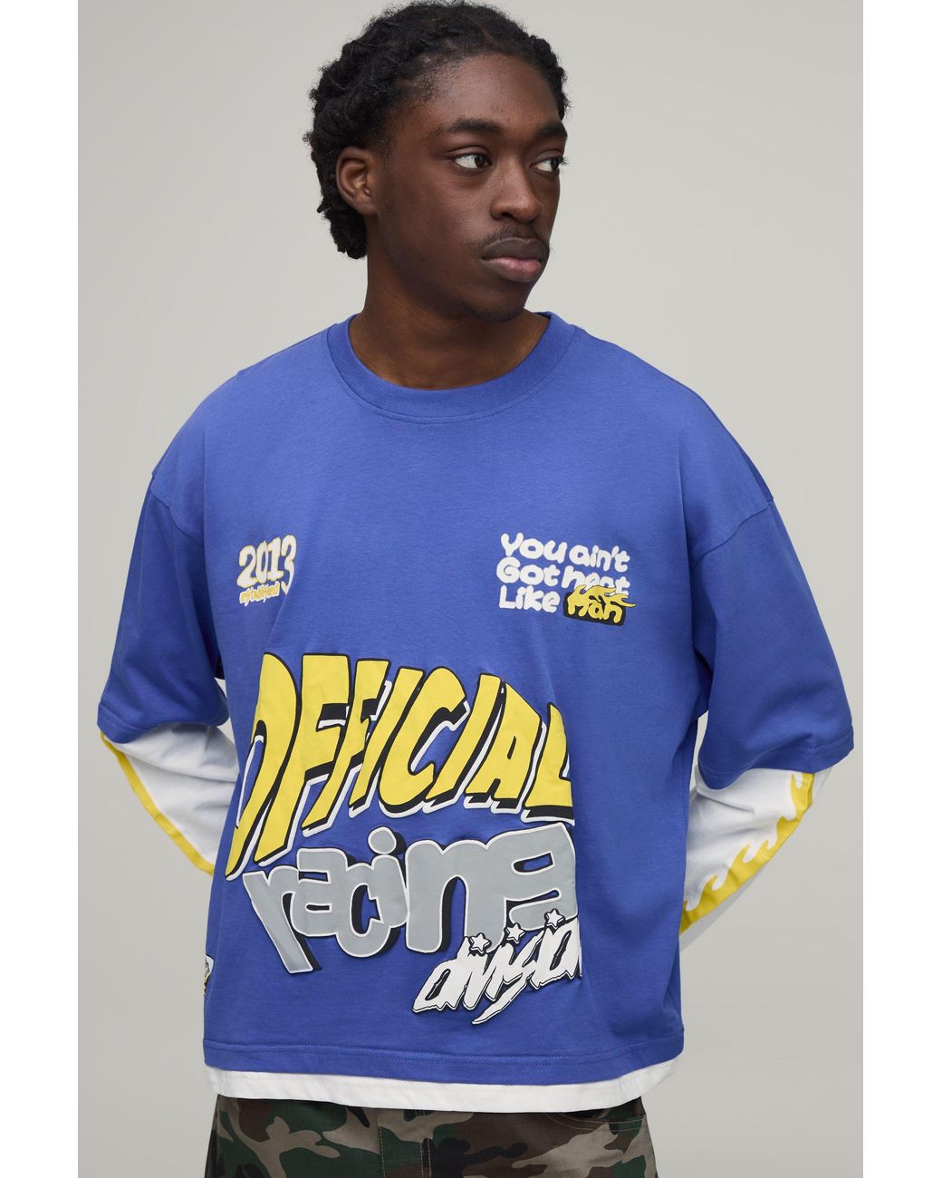 BoohooMAN Blue Oversized Boxy Official Moto Faux Layer T-Shirt for men