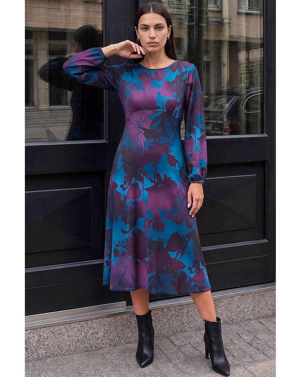 Roman Blue Floral Fit And Flare Dress