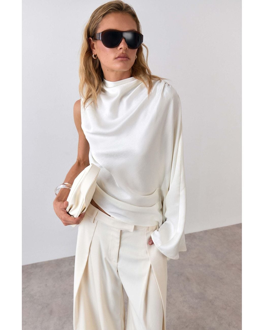 Warehouse White Premium Draped Satin Cape Top