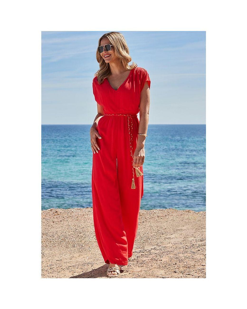 Sosandar Red Coral Wide Leg Crinkle Jumpsuit With Tassel Belt