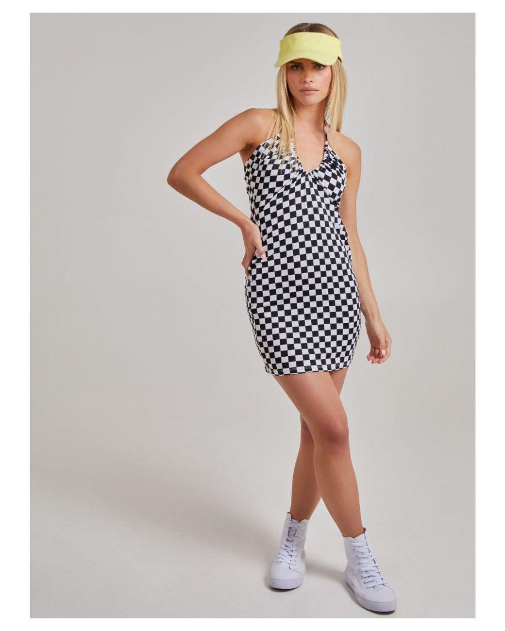 Pink Vanilla White Halterneck Checkerboard Mini Dress