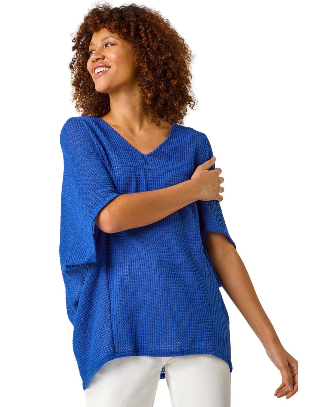 Roman Blue Textured V-Neck Cocoon Stretch Top