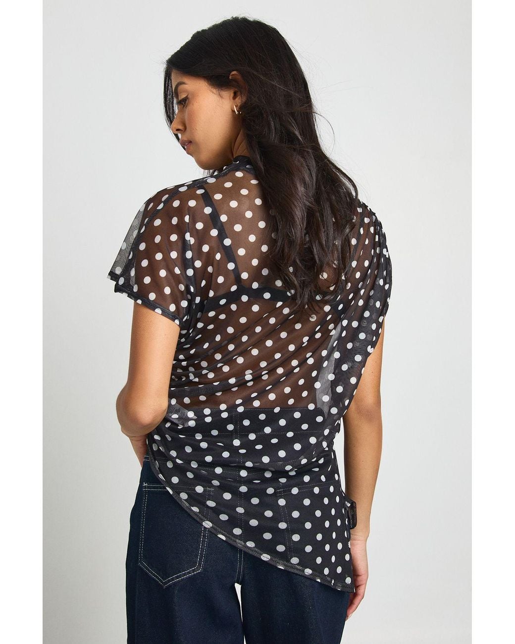 Boohoo Black Mesh Polka Dot High Neck Ruched Side Asymmetric Top