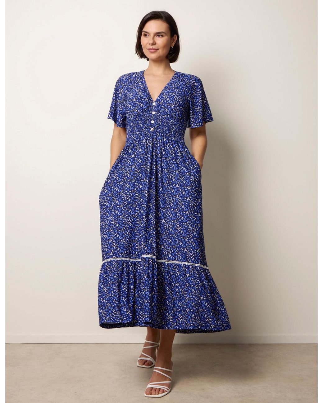 Blue Vanilla Blue Ditsy Floral Button Front Raglan Trim Dress