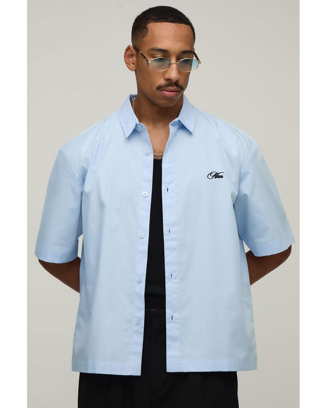 BoohooMAN Gray Oversized Half Sleeve Back Embroidered Shirt for men