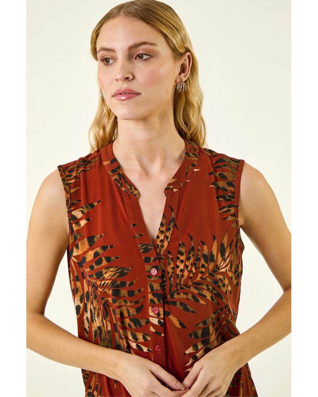 Roman Brown Leaf Print Tie Front Top