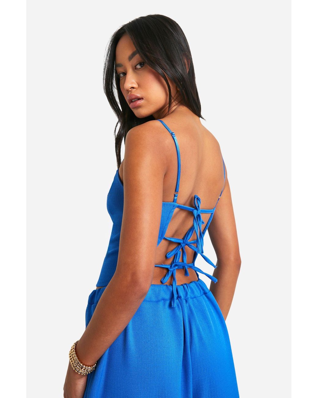 Boohoo Blue Textured Linen Look Strappy Open Back Waistcoat