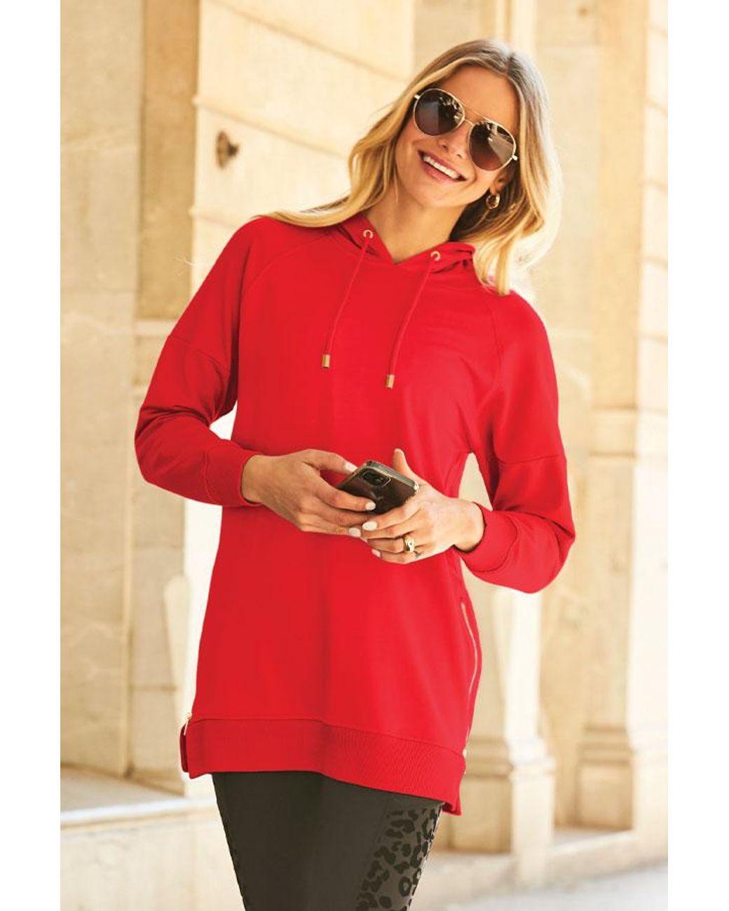 Sosandar Red Longline Hooded Sweatshirt With Zip Detail Viscose