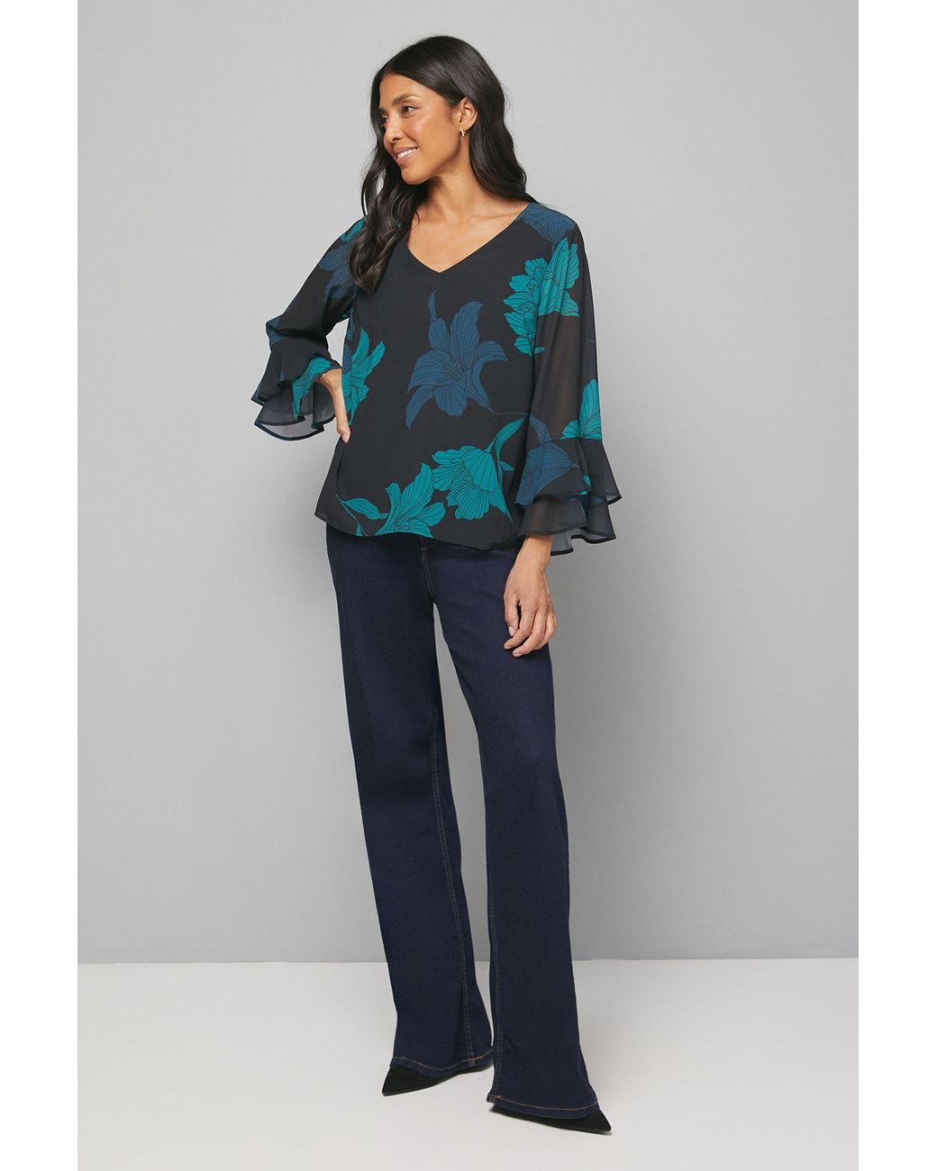 Wallis Blue Floral Flute Sleeve Top
