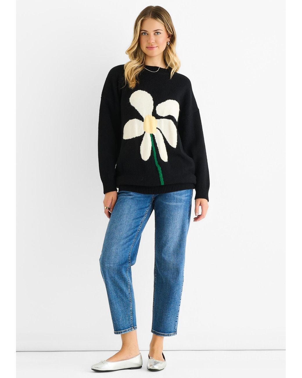 Gini London Blue Paint Flower Knit Oversized Long Jumper