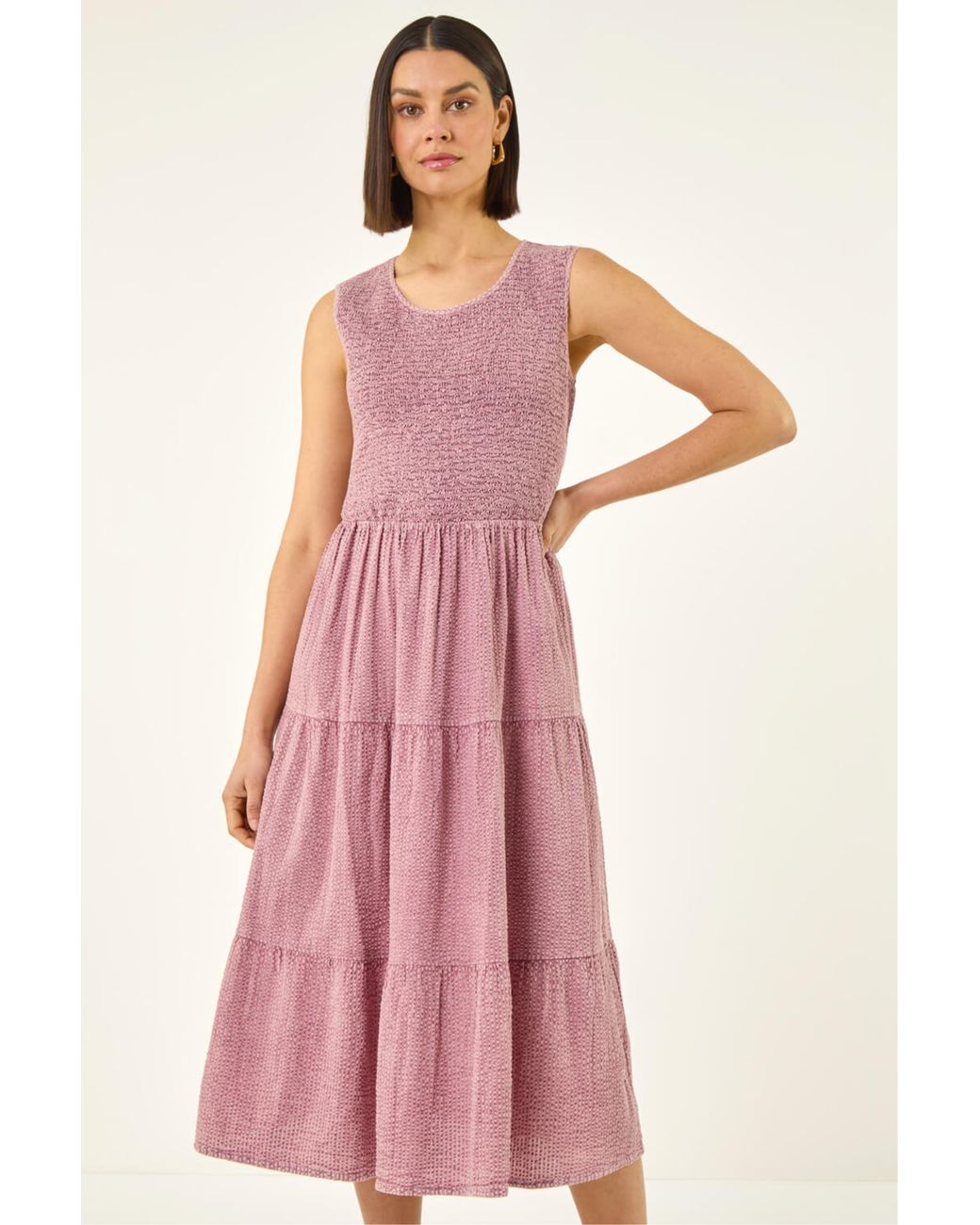 Roman Pink Shirred Textured Smock Midi Dress