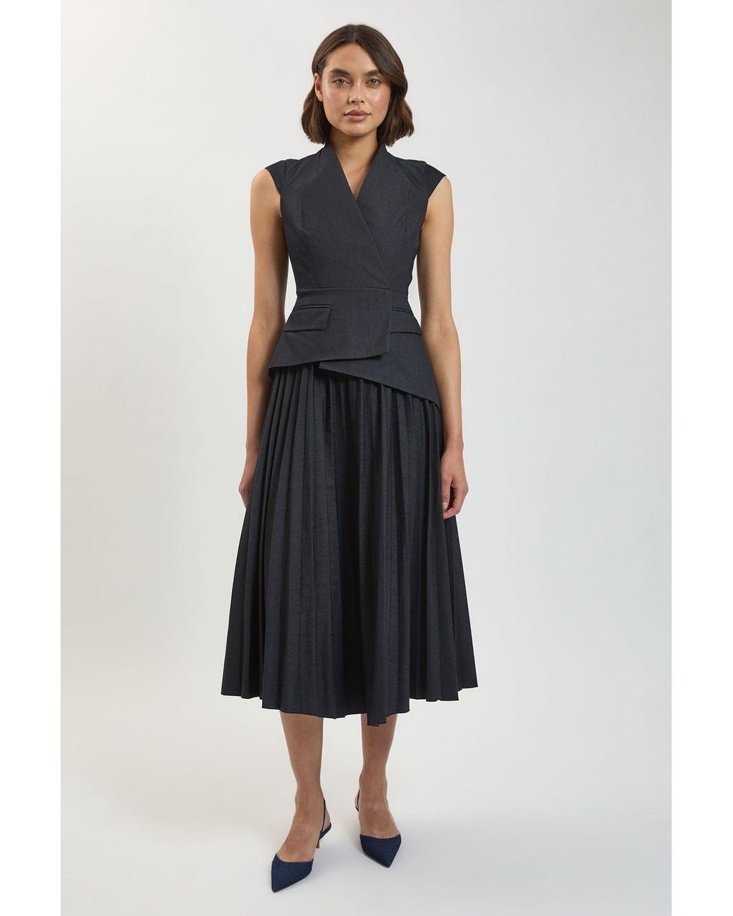 Karen Millen Blue Tailored Denim Pleated Midi Dress