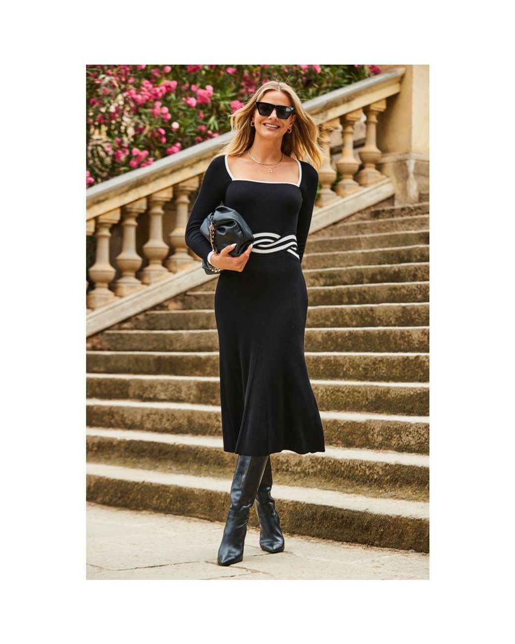 Sosandar Metallic Twist Detail Fit & Flare Knitted Dress