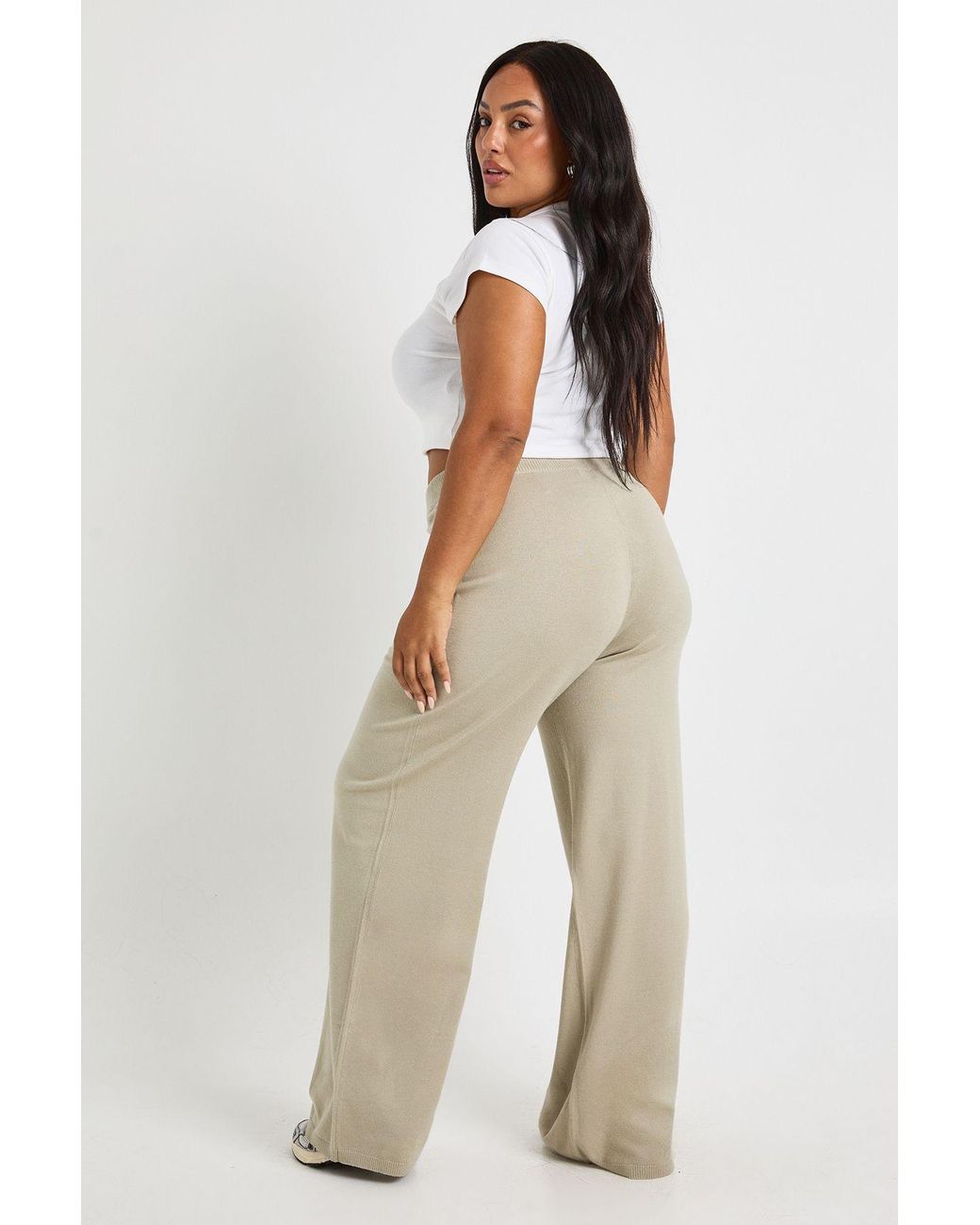 Boohoo Gray Plus Wide Leg Rib Knit Trouser