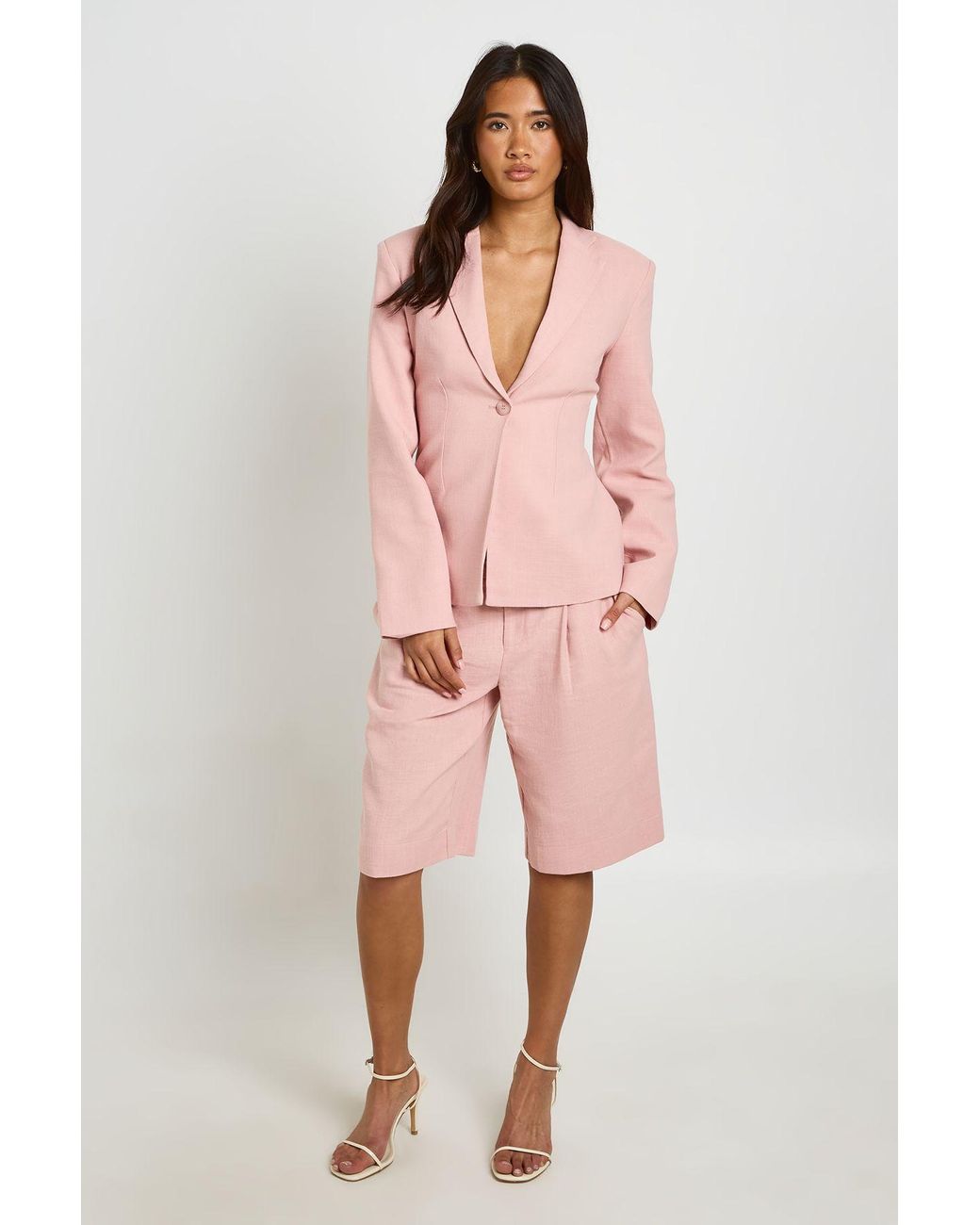Boohoo Pink Linen Look Cinched Waist Blazer