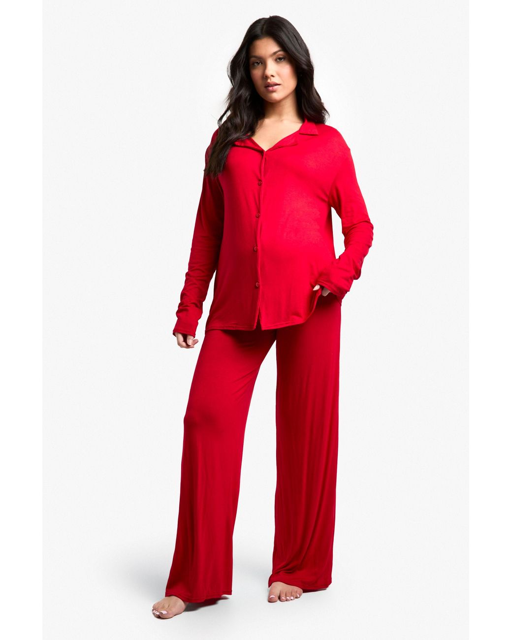 Boohoo Red Maternity Long Sleeve Shirt & Trouser Pj Set