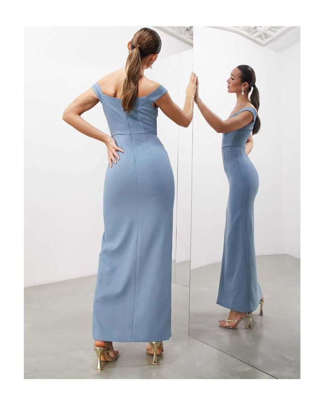 ASOS Bridesmaid Crepe Bardot Column Maxi Dress With Split in Blue Lyst UK