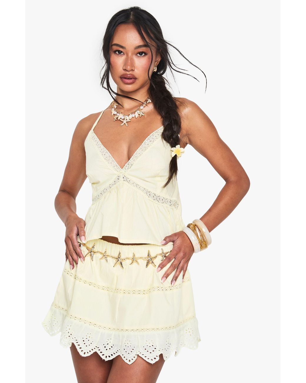Boohoo Yellow Lace Trim Woven Cami Top