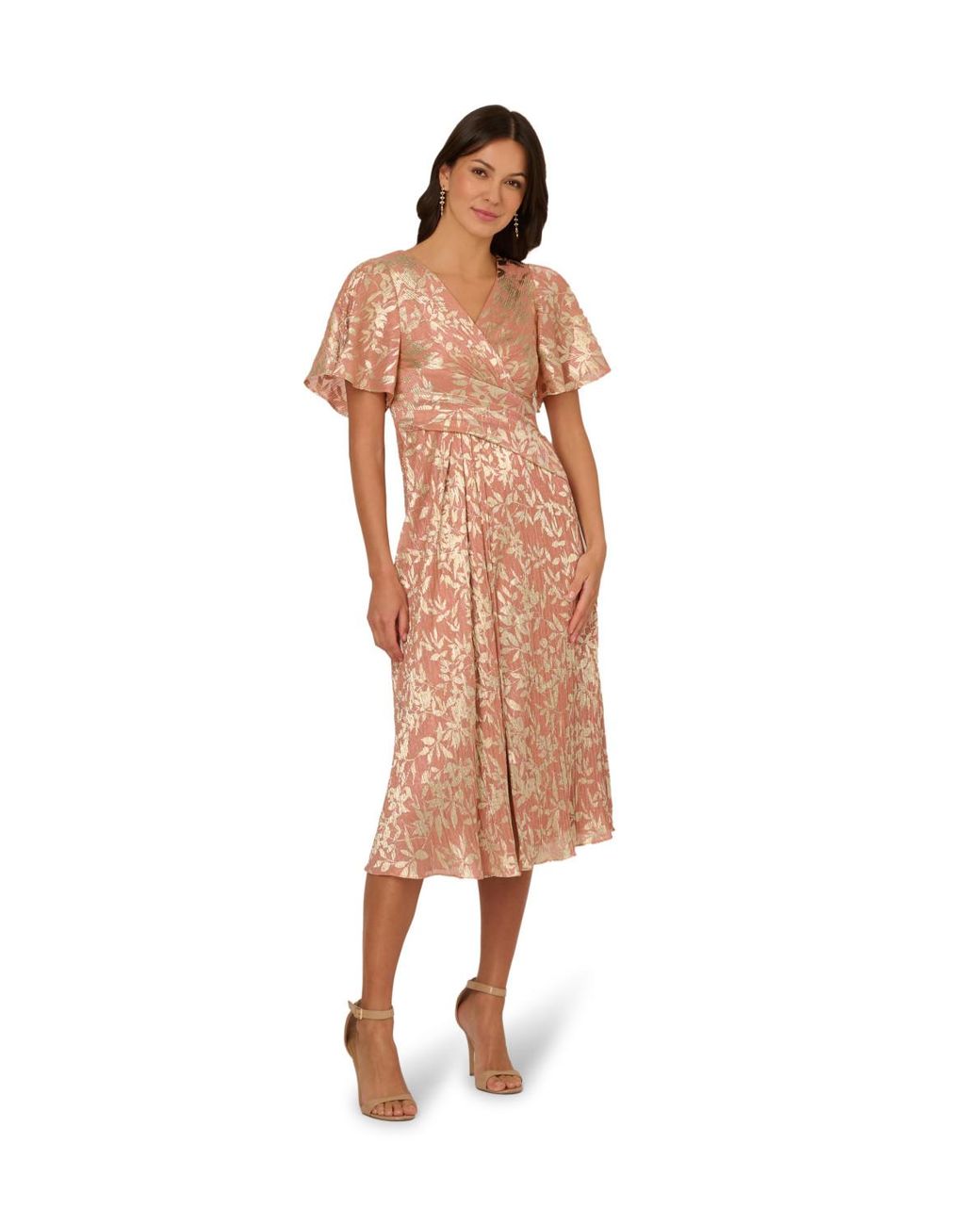 Adrianna Papell Pink Foil Leaf Draped Midi Dress