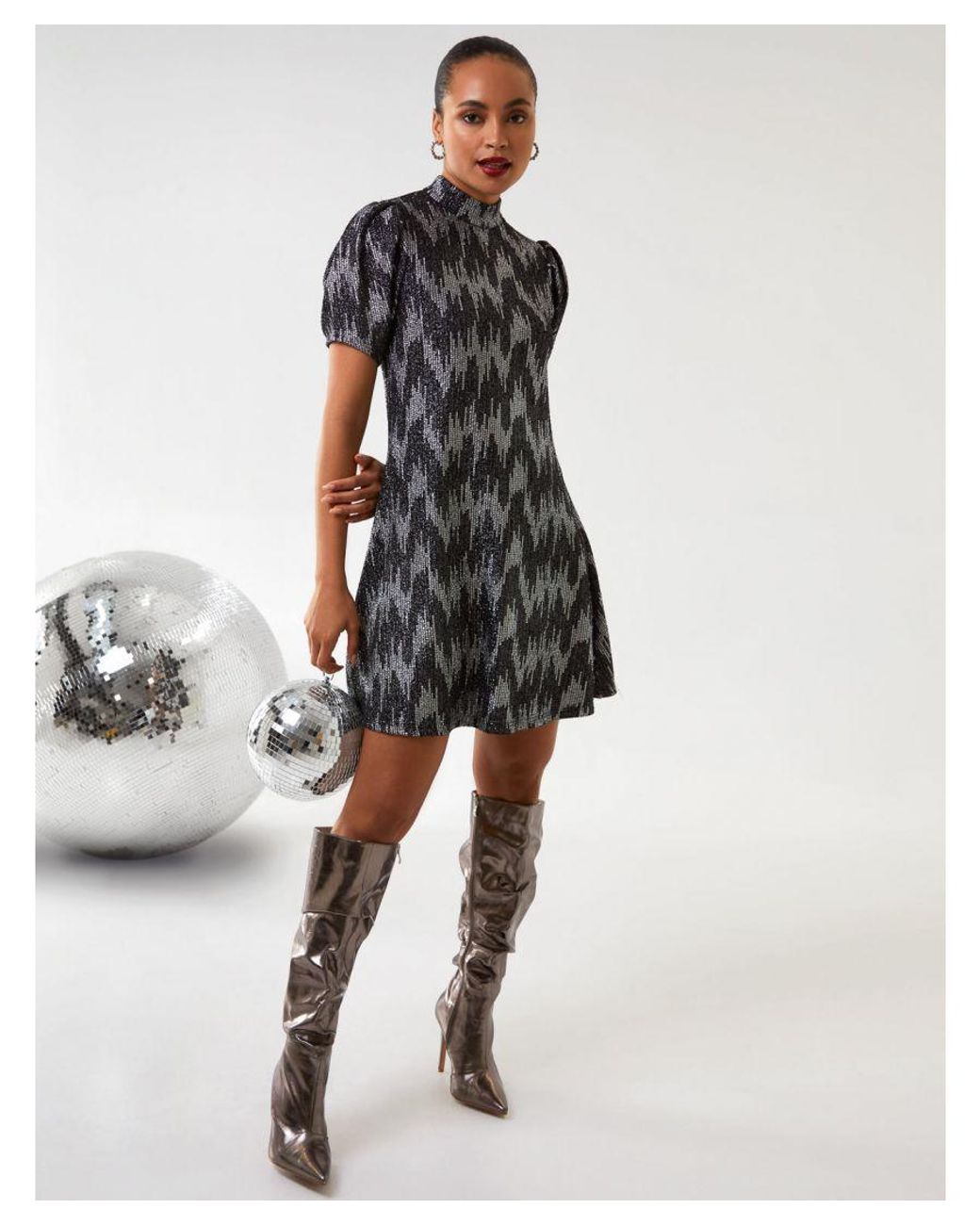 Blue Vanilla Metallic Puff Sleeve Swing Dress