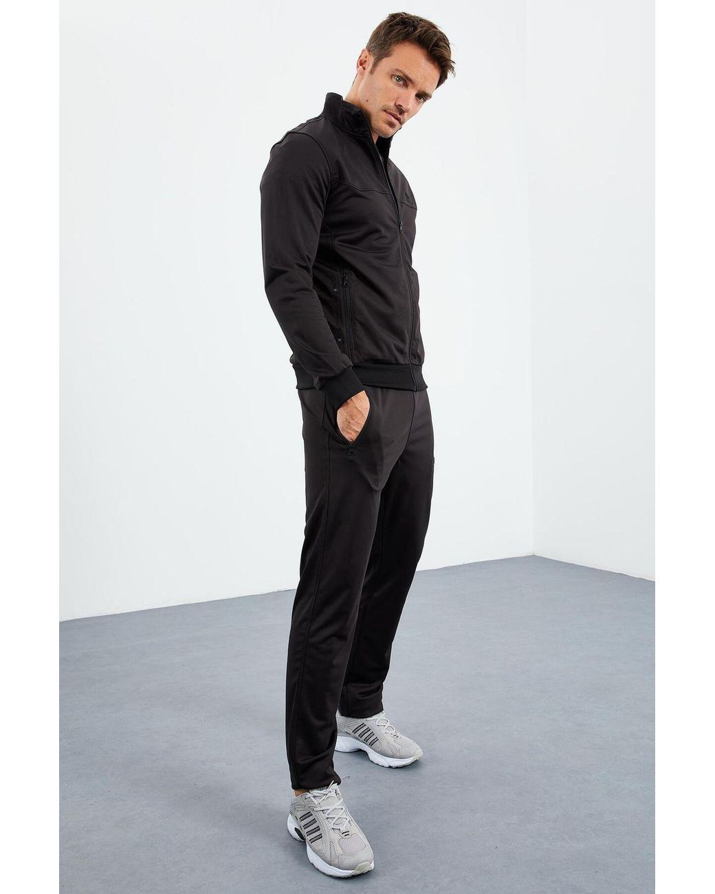 TOMMY LIFE Black Scuba Knit Active Set With Zipper Collar for men