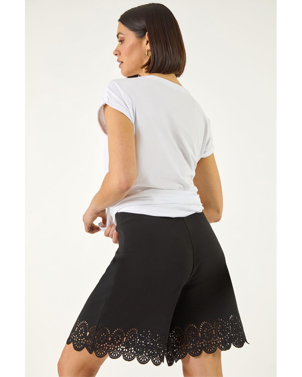 Roman White Laser Cut Hem Shorts