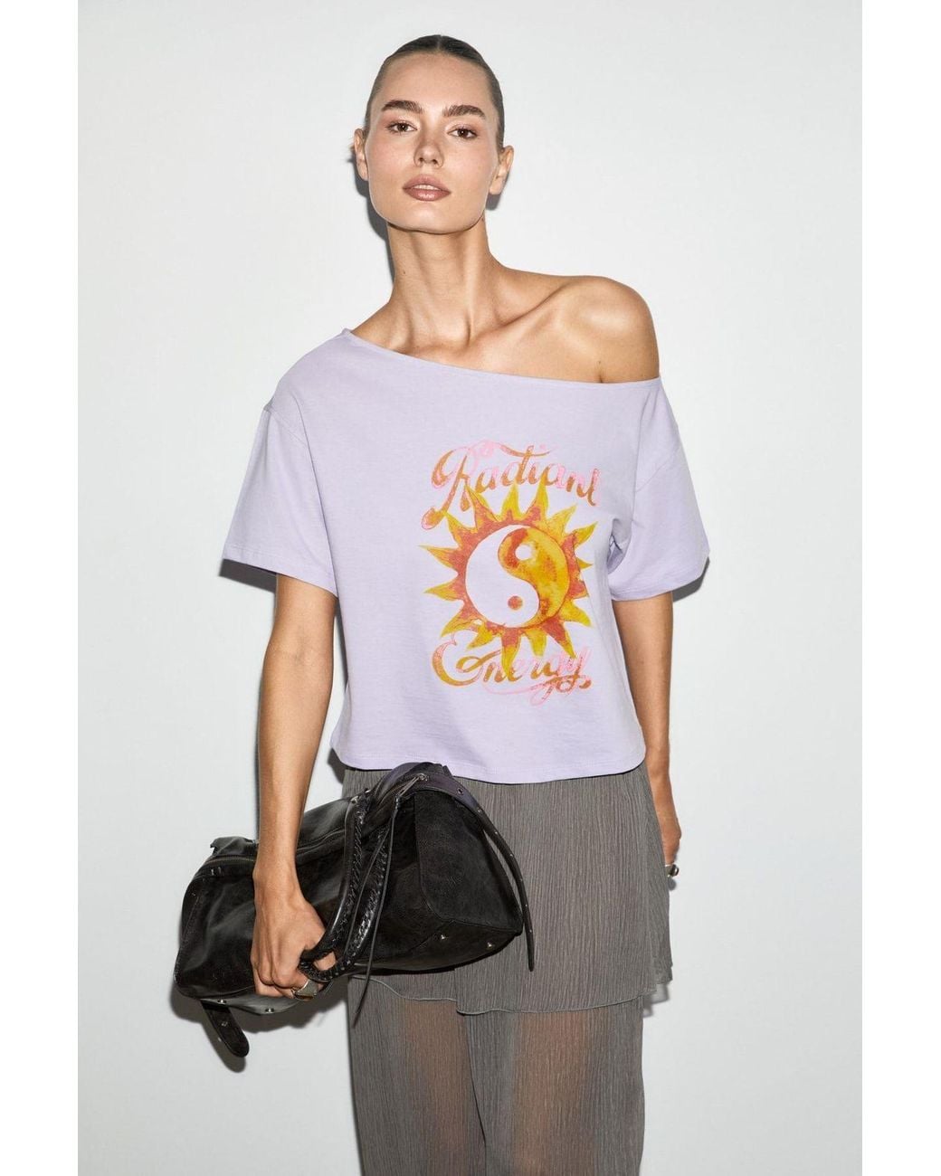 Grimelange Gray Printed Crop Boat Neck T-Shirt