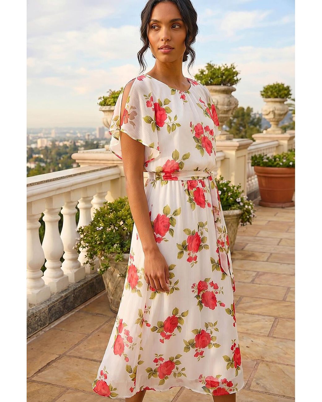 Roman Red Chiffon Floral Split Sleeve Midi Dress
