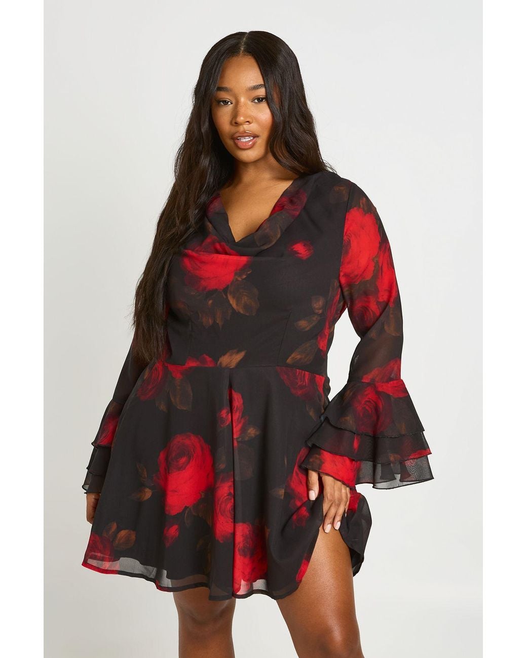 Boohoo Red Plus Floral Chiffon Tie Back Flare Mini Dress
