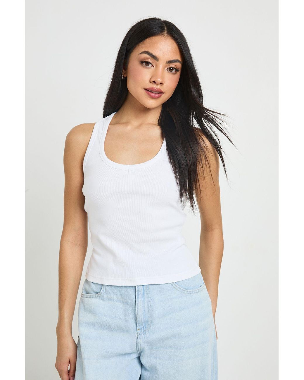 Boohoo White Racer Back V Neck Ribbed Vest
