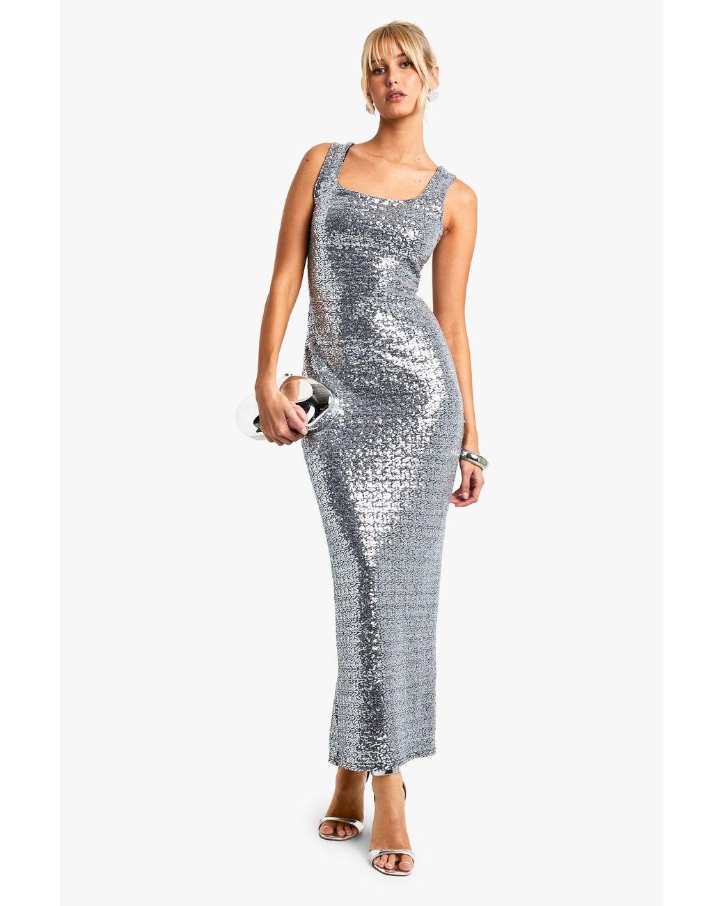 Boohoo Blue Square Neck Sequin Dress