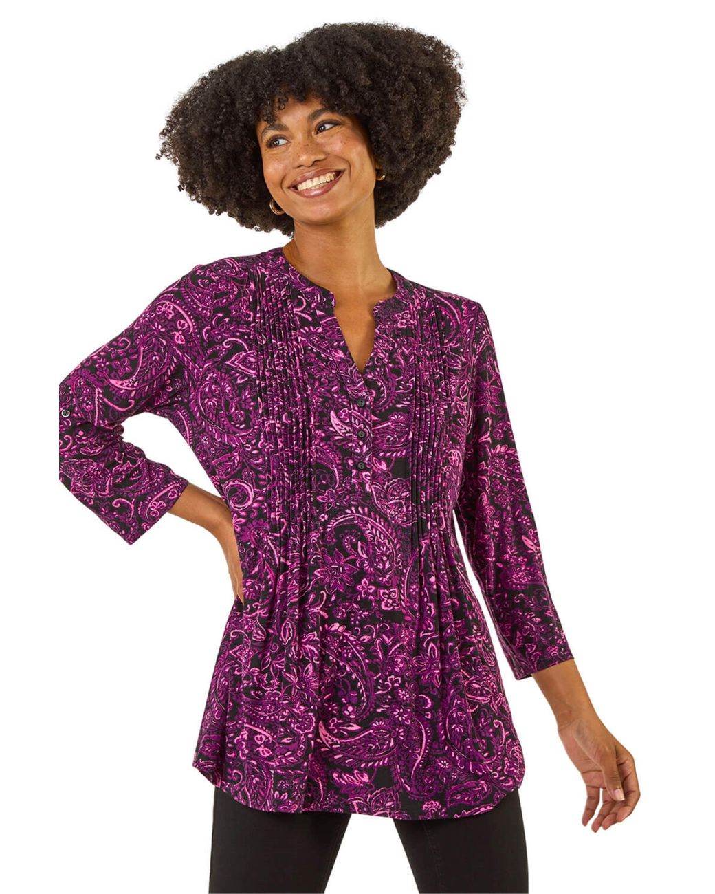Roman Purple Paisley Print V-Neck Stretch Top