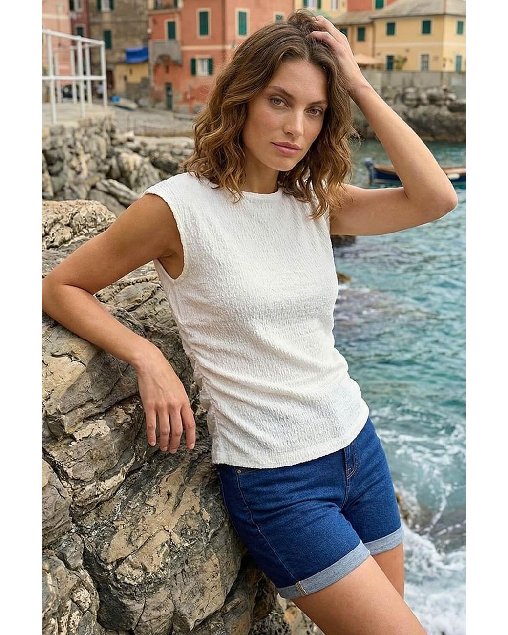 Roman White Petite Textured Stretch Top