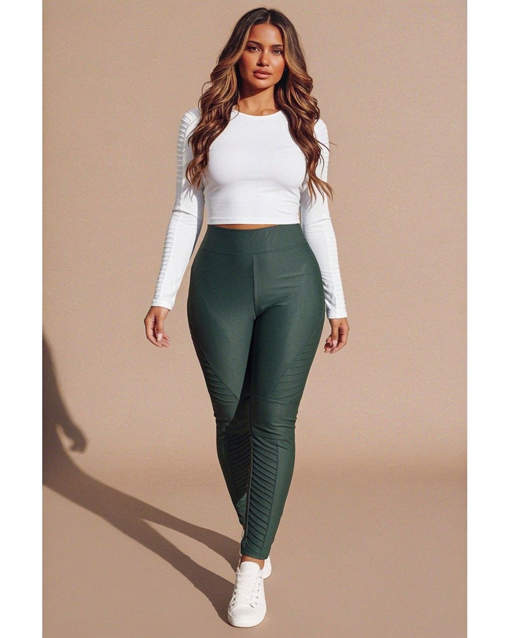 Femme Luxe Green Panel Detail High Waisted Leggings- Kiya