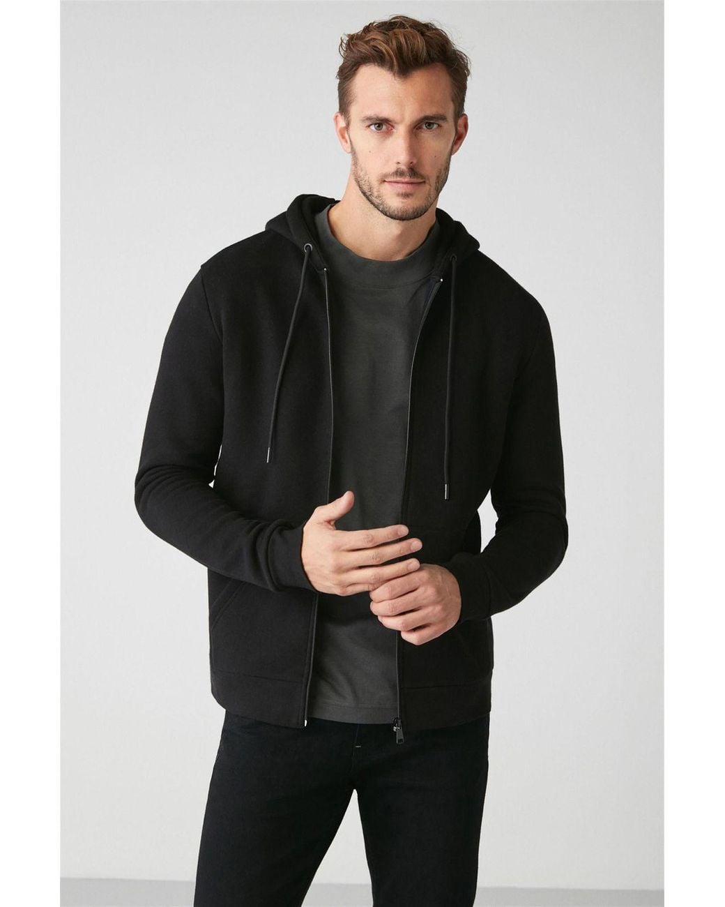 Grimelange Black Hooded Zip Regular Sweatshirt for men