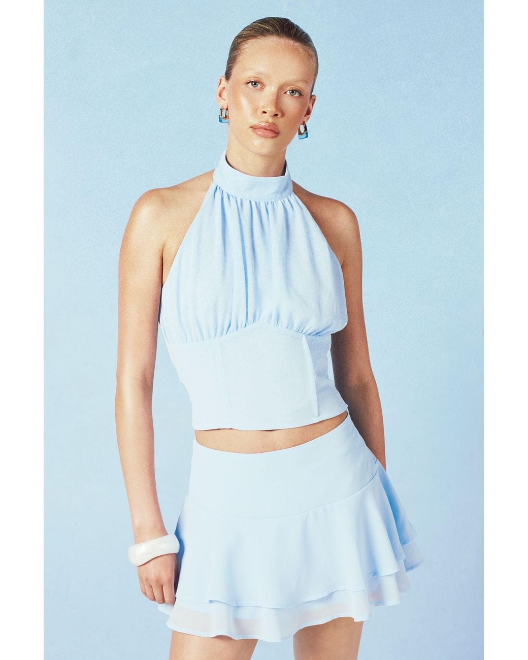 Boohoo Blue Gathered High Neck Chiffon Top