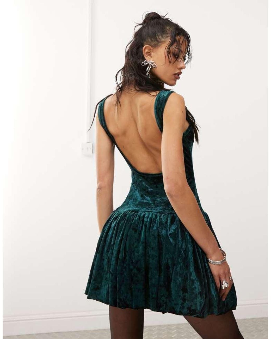 Amy Lynn Green Velvet Scoop Back Puffball Mini Dress