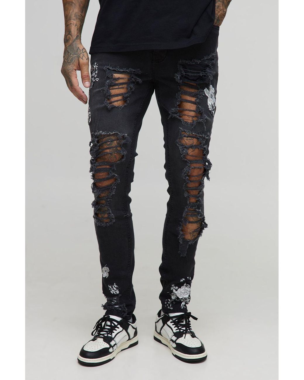 BoohooMAN Black Tall Floral Embroidered Ripped Skinny Jeans for men