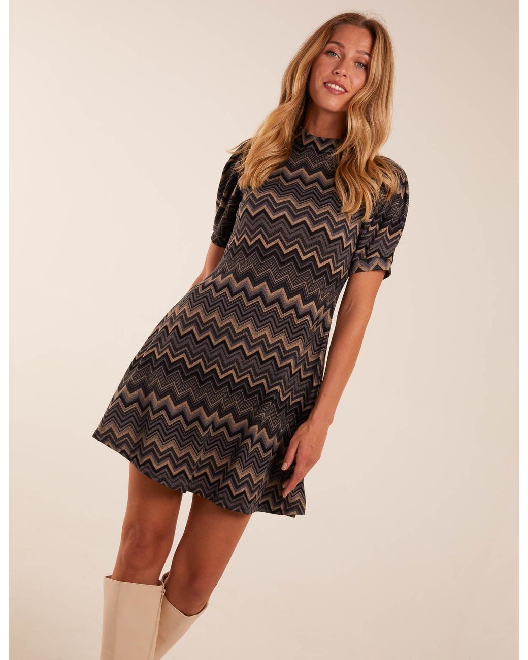 Blue Vanilla Brown Zig Zag Printed Smock Mini Dress