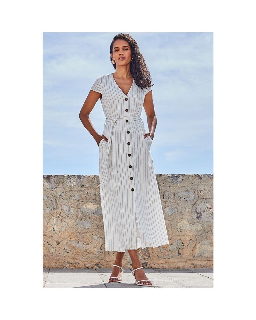 Sosandar Blue Ivory Linen Blend Pinstripe Belted Midi Dress