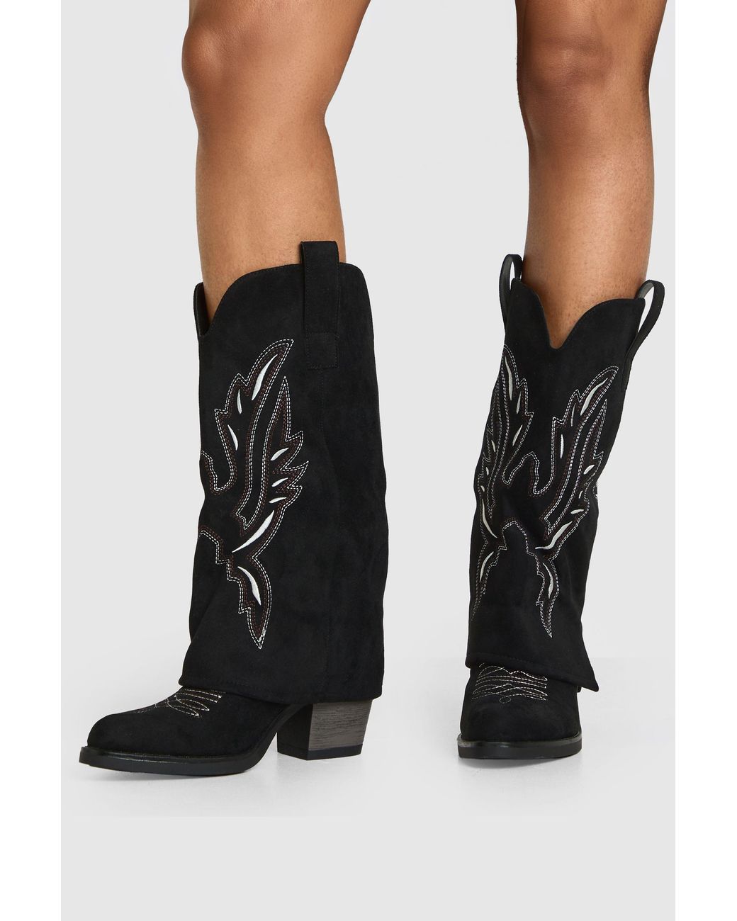 Boohoo Black Faux Suede Fold Over Contrast Embroidery Western Boots