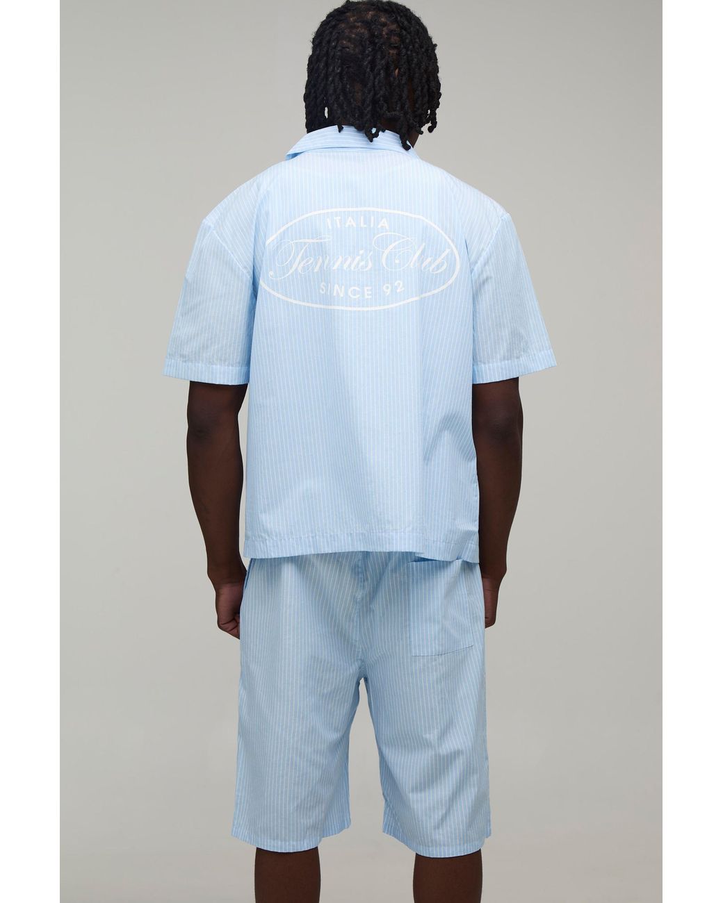BoohooMAN Blue Tall Oversized Boxy Stripe Tennis Club Print Revere Shirt And Short Set for men