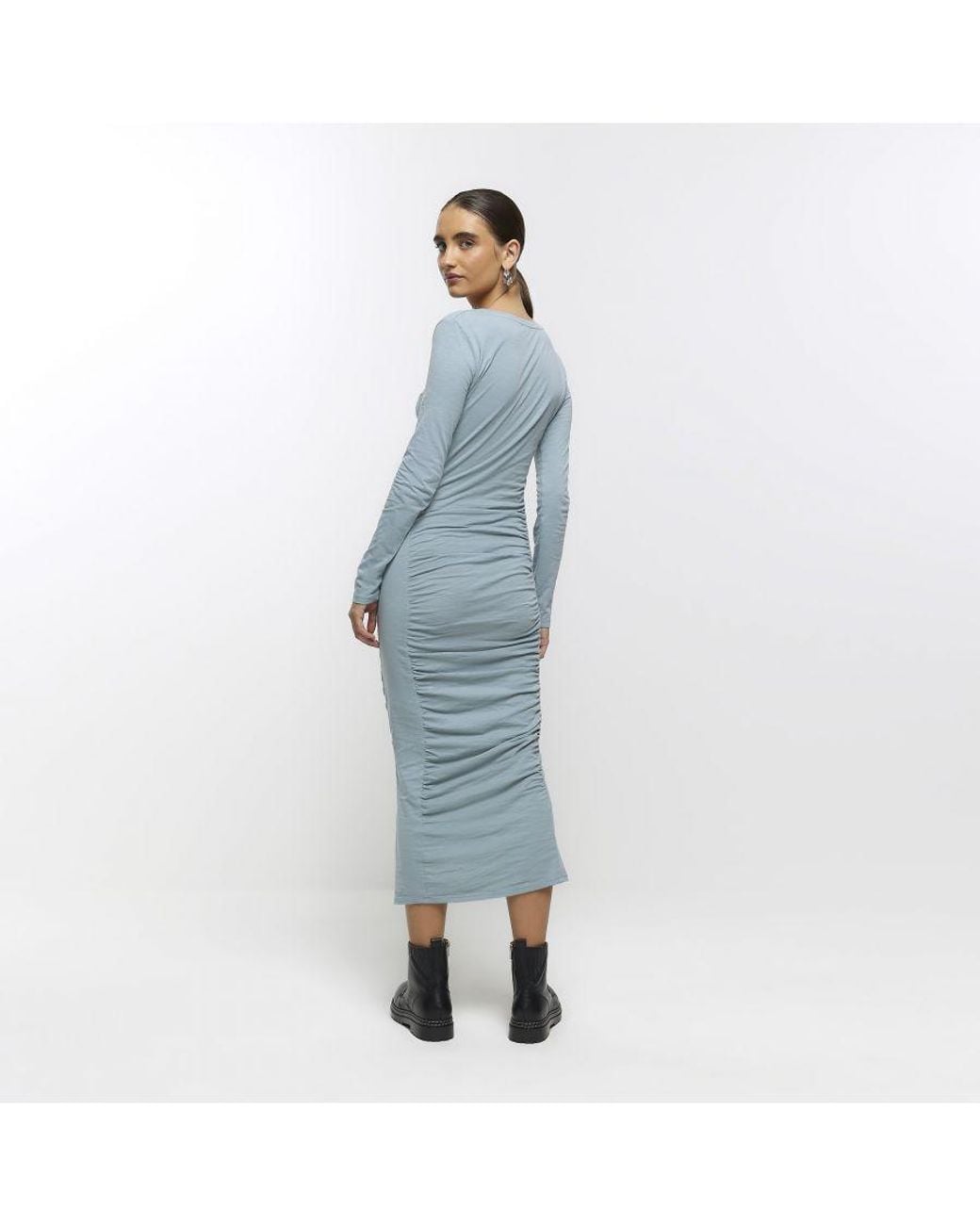 River Island Blue Bodycon Midi Dress Ruched Cotton