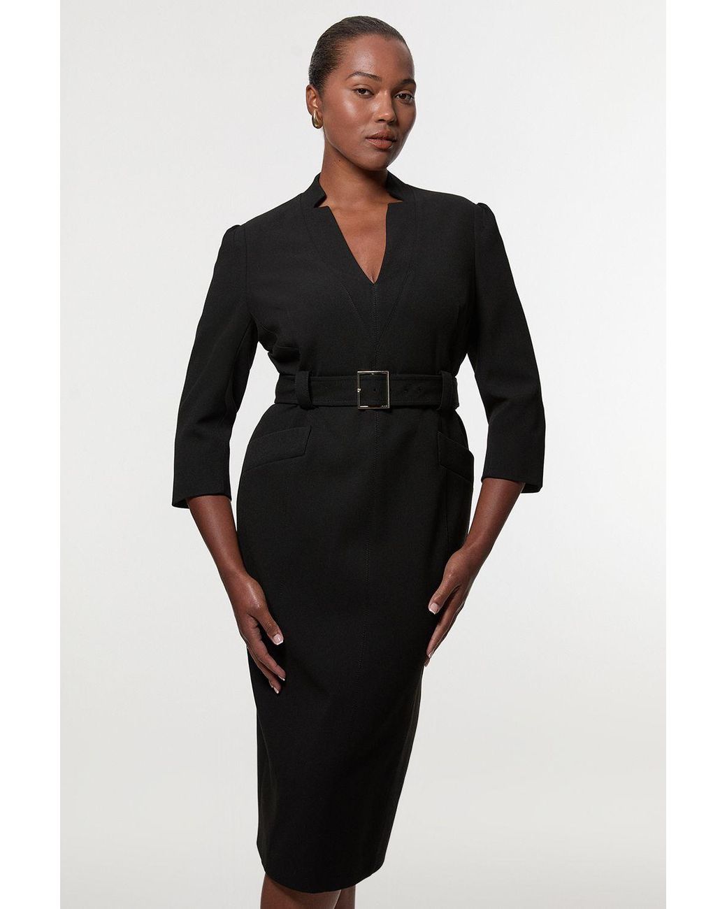 Karen Millen Black Plus Size Structured Crepe Belted Forever Midi Dress