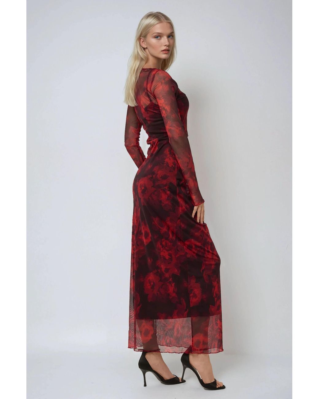 Hiccup Red Floral Print Bodycon Maxi Mesh Dress