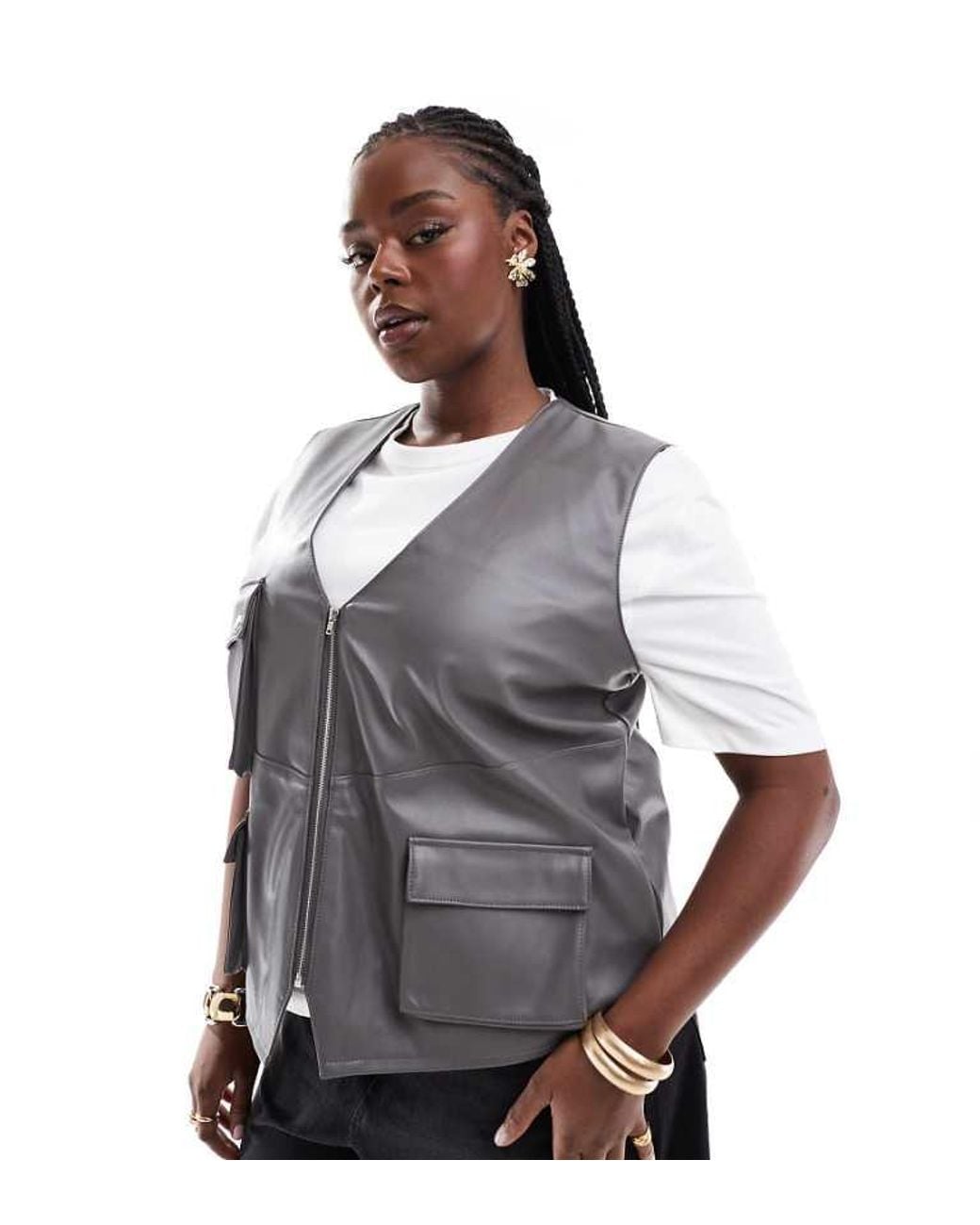 ASOS Gray Design Leather Look Utility Pocket Detail Vest