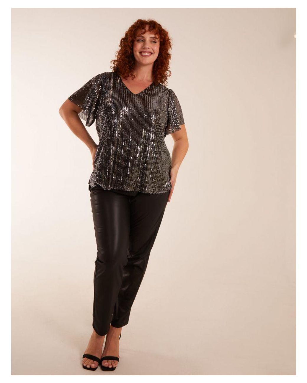 Blue Vanilla Black Curve Angel Sleeve V-Neck Sequin Top