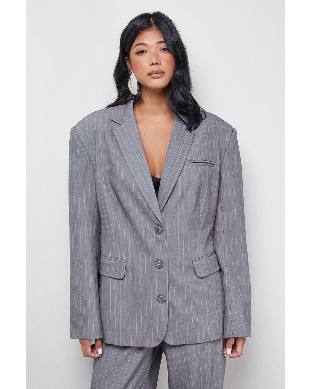 Warehouse Gray Pinstripe Oversized Grandad Blazer Co-Ord