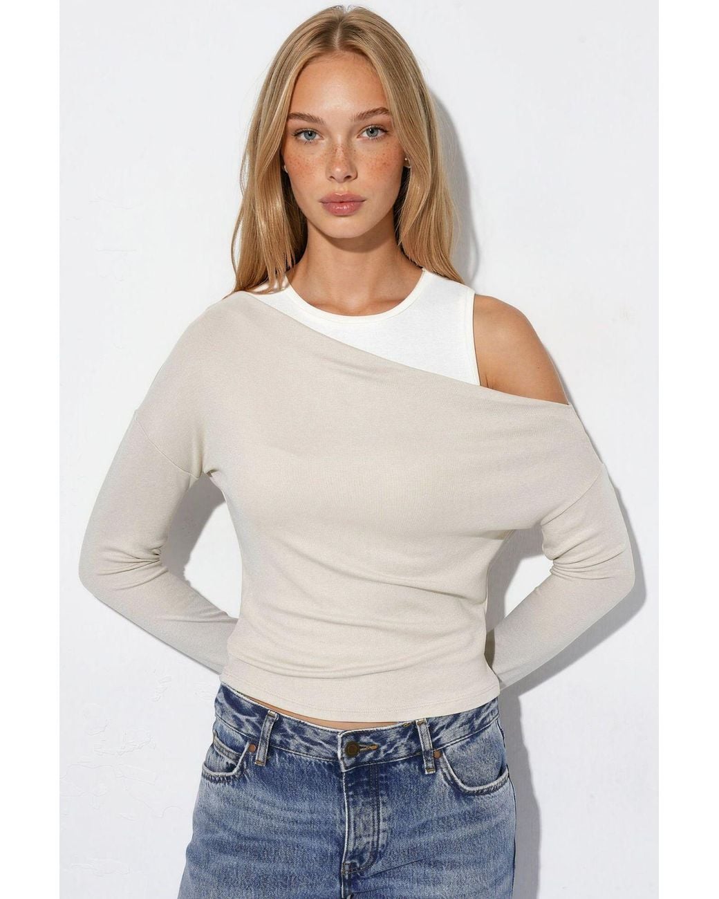 Hiccup White Viscose Blend Layered Long-Sleeve T-Shirt With Asymmetric Neckline