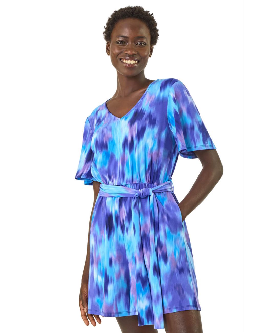 Roman Blue Abstract Print Belted Playsuit
